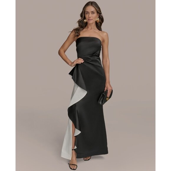 Donna Karan Dresses & Skirts - Donna Karan New York Strapless Contrast Ruffle Trim Slit Gown Size 6 Black $299